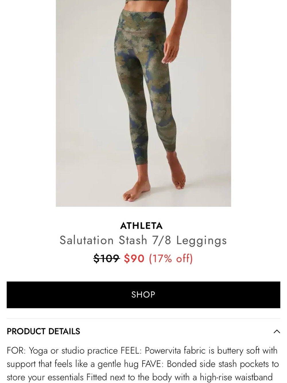 Athleta Olive & Navy Camo 7/8 Leggings